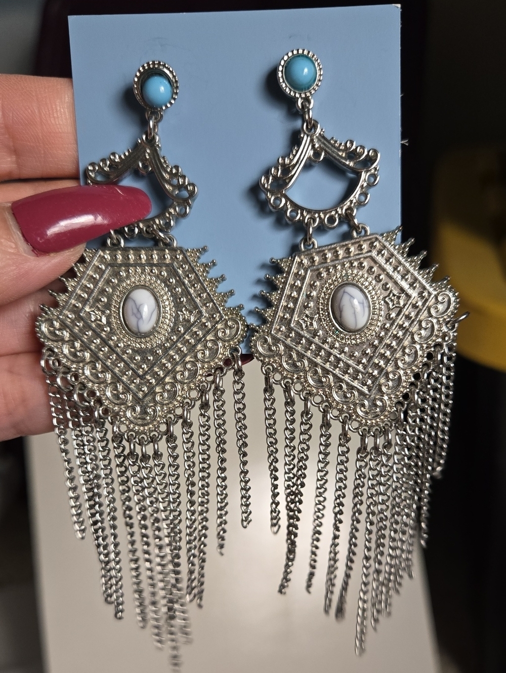 Vintage Silver Filigree Chandelier Earrings with Fuax Turquoise Studs - Picture 13 of 15